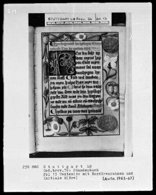 Niederdeutsches Stundenbuch (Lüning-Bergheim-Gebetbuch) — Textseite mit Bordürenrahmen, Folio 13recto