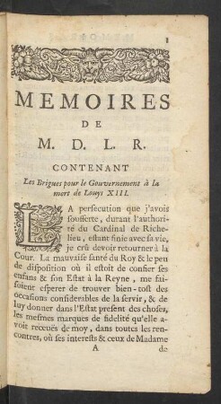 Memoires de M.D.L.R. Contenant