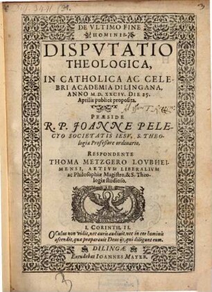 De Vltimo Fine Hominis : Dispvtatio Theologica
