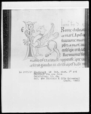 Chorbuch für die Prim — Initiale K mit Greif und Schlange, Folio 46verso