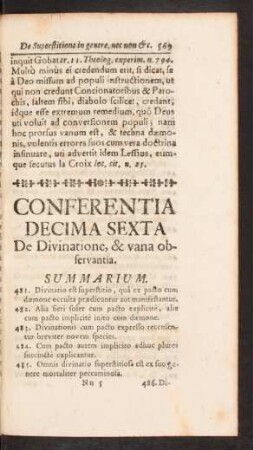 Conferentia Decima Sexta De Divinatione, & vana observantia