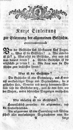Kurze Einleitung zur Erlernung der allgemeinen Geschichte