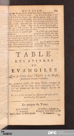 Table de Epitres et Evangiles.