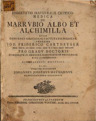 Diss. inaug. chym.-med. de marrubio albo et alchimilla