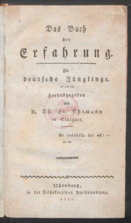 Das Buch der Erfahrung : Für deutsche Jünglinge