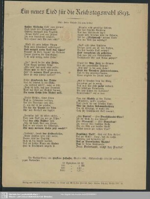Ein neues Lied für die Reichstagswahl 1893 : (Mel.: Kaiser Wilhelm saß ganz heiter)
