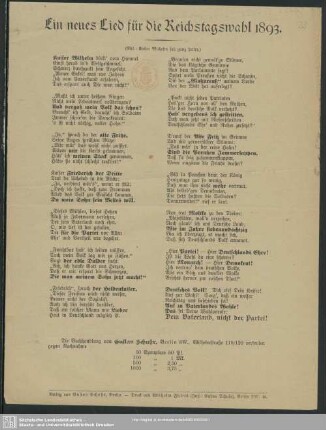 Ein neues Lied für die Reichstagswahl 1893 : (Mel.: Kaiser Wilhelm saß ganz heiter)