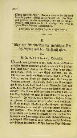 Von den Nachtheilen der einseitigen Beschäftigungen mit den Wissenschaften