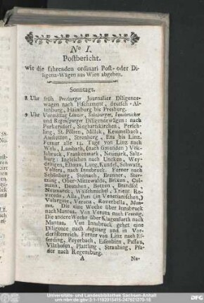 No I. Postbericht. wie die fahrenden ordinari Post- oder Diligenz-Wägen aus Wien abgehen.