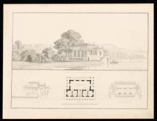 Lusthaus am See bei Potsdam: Perspektivische Ansicht, Seitenansicht, Grundriss (aus: Sammlung Architektonischer Entwürfe, Berlin 1858)