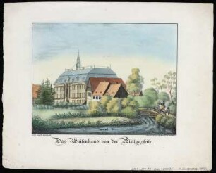 Ansicht des Waisenhauses in Lauban, Lithographie, um 1825 : Kadersch, Gustav Adolph : Das Waisenhaus von der Mittagsseite / Lith. von G. Kadersch ; Steindruck v. G. Heinze. - Görlitz : G. Heinze , [1825]. - 1 Kunstblatt : Lithographie, altkoloriert ; Blattgröße 27 x 34 cm, Bildgröße 18 x 23 cm