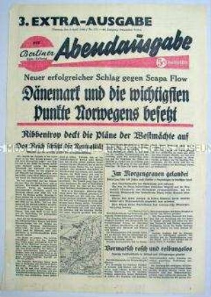 Titelblatt der Abendausgabe der "Berliner Volks-Zeitung" zur Besetzung von Dänemark und Norwegen durch deutsche Truppen