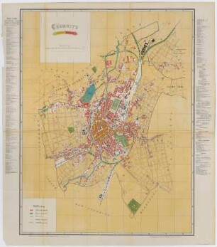 Plan von Chemnitz , 1: 8475, Lithographie, 1879 : Plan von Chemnitz mit nächster Umgebung / bearb. u. hrsg. von d. Stadtverwaltung. - Aufgen. u. gez. 1878. - 1:8475. - Chemnitz : Oschatz, 1879. - 1 Kt. : mehrfarb. Lithogr. ; 60 x 77 cm +++ Mit Straßenverz. und Gebäudekennung