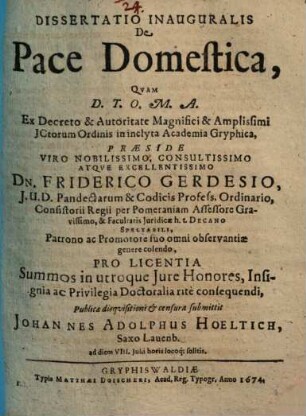 Dissertatio inauguralis de pace domestica