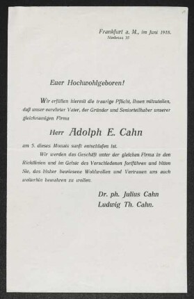 Brief von Julius Cahn und Ludwig Theodor Cahn an Gerhart Hauptmann