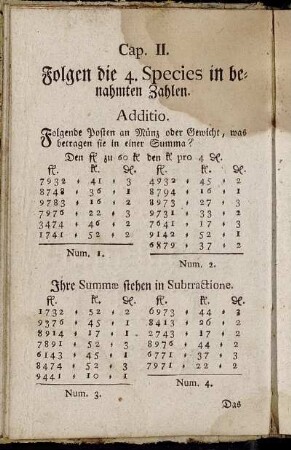 Cap. II. Folgen die 4. Species in benahmten Zahlen.