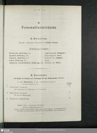 B. Docenten mit Angabe des Kataloges der Vorlesungen für das Wintersemester 1874/75