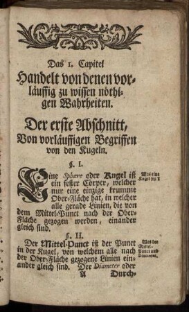 Der erste Abschnitt, Von vorläuffigen Begriffen von den Kugeln.