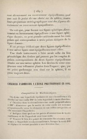 Concours d'admission a l'École Polytechnique en 1892.