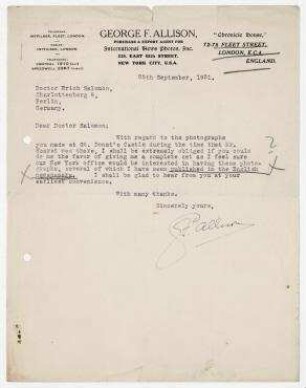George F. Allison, Purchase & Export Agent for International News Photos an Erich Salomon