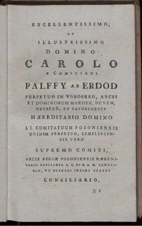 Excellentissimo, ac illustrissimo Domino Carolo e comitibus ...