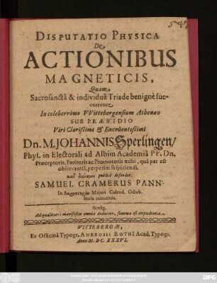 Disputatio Physica De Actionibus Magneticis
