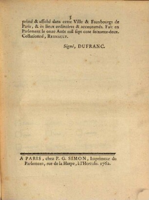 Extrait Des Registres De Parlement : Du 11 Août 1762.