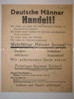 Propagandaflugblatt mit dem Aufruf zum Eintritt in das Freiwilligen-Regiment Reinhard zum Kampf gegen den Spartakus-Bund