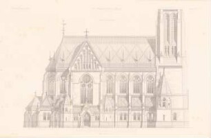 St. Johanniskirche, Hamburg-Altona: Ansicht von Norden (aus: Atlas zur Zeitschrift für Bauwesen, hrsg. v. F. Endell, Jg. 27, 1877)