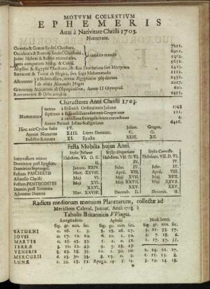 Radices mediorum motuum Planetarum, collectae ad Meridiem Calend. Januar. Anni 1703 e Tabulis Britannicis Wingii
