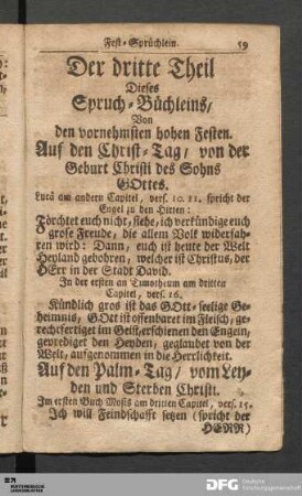 Der dritte Theil Dieses Spruch-Büchleins, Von den vornehmsten hohen Festen.