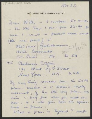 Brief an Willy Strecker und B. Schott's Söhne : o.D. ["Nov 23."; mutmaßlich 23.11.1931, entsprechend der umliegenden Briefe von 1931.]