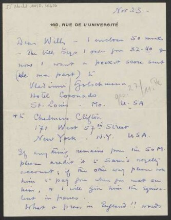 Brief an Willy Strecker und B. Schott's Söhne : o.D. ["Nov 23."; mutmaßlich 23.11.1931, entsprechend der umliegenden Briefe von 1931.]