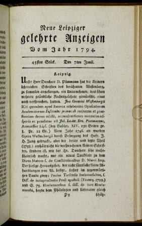 45stes Stück. Den 7ten Junii.