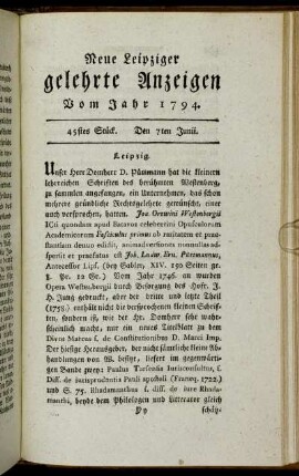 45stes Stück. Den 7ten Junii.
