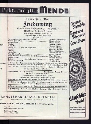 Besetzungszettel zur Erstaufführung des Einakters "Friedenstag" von Richard Strauss am 15. Oktober 1938 (mit Uraufführung seiner bukolischen Tragödie "Daphne"). Sächsische Staatsoper Dresden unter Leitung von Karl Böhm. Innenblatt rechts in: Programmheft Sächsische Staatstheater, Opernhaus Dresden. Druck; 21,1 x 14,8 cm. Dresden: SLUB Z. 4. 7-1938