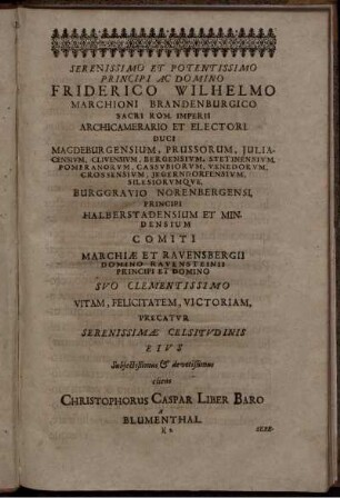 Widmungsschreiben von Christoph Caspar von Blumenthal an Friedrich Wilhelm, Kurfürst von Brandenburg