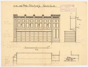 Kirche mit Innenausstattung und Pfarrhaus, Schlesiengrube: Ansicht, Grundriss und Schnitt des Sakristeischranks 1:20