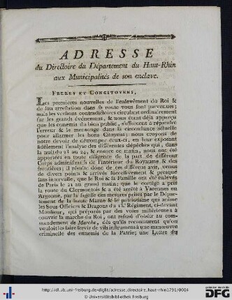 Adresse du Directoire du Département du Haut-Rhin aux Municipalités de son enclave.