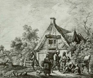 Strohgedeckte Hütte, davor verschiedene Staffagefiguren