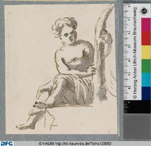Sitzender Putto mit Girlande nach rechts gewendet
