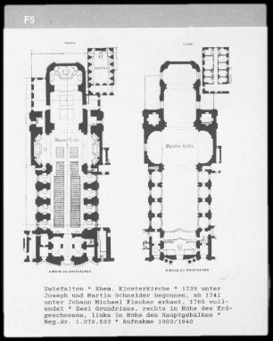 Zwiefalten (Kreis Reutlingen), ehem. Klosterkirche, 2 Grundrisse, rechts in Höhe des Erdgeschoßes, links in Höhe des Hauptgebälk