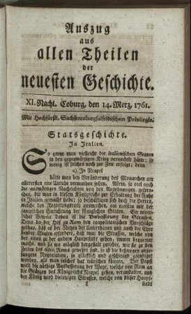 XI. Nachl. Coburg, den 14. Merz, 1761.