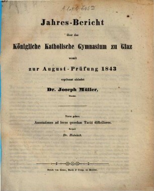 Jahresbericht des Königl. Katholischen Gymnasiums zu Glatz : über das Schuljahr .... 1842/43 (1843)