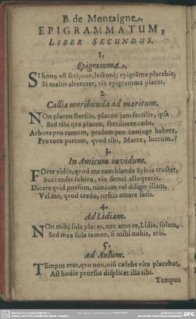 B. de Montaigne. Epigrammatum, Liber Secundus