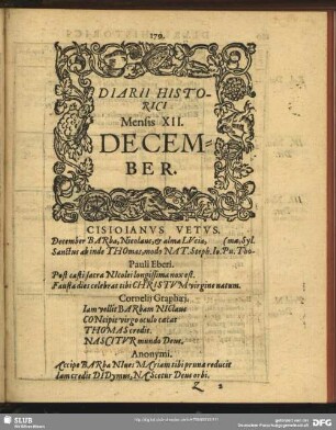 Diarii Historici Mensis XII. December