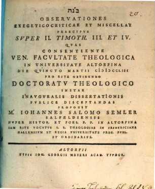 Observationes Exegeticocriticae Et Miscellae Praecipve Svper II. Timoth. III. Et IV.