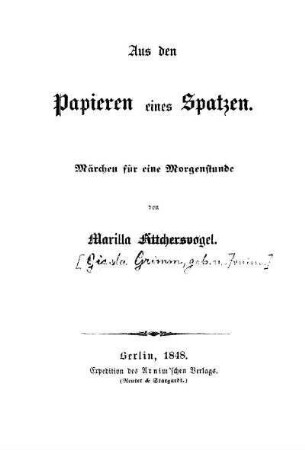 Aus den Papieren eines Spatzen : Märchen für eine Morgenstunde