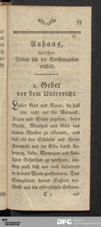 Anhang, welcher Gebete für die Confirmanden enthält.