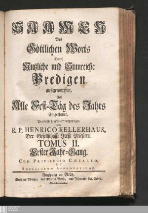 Jg. 1, Tomus II: ... Auf Alle Fest-Täg des Jahrs Eingetheilet